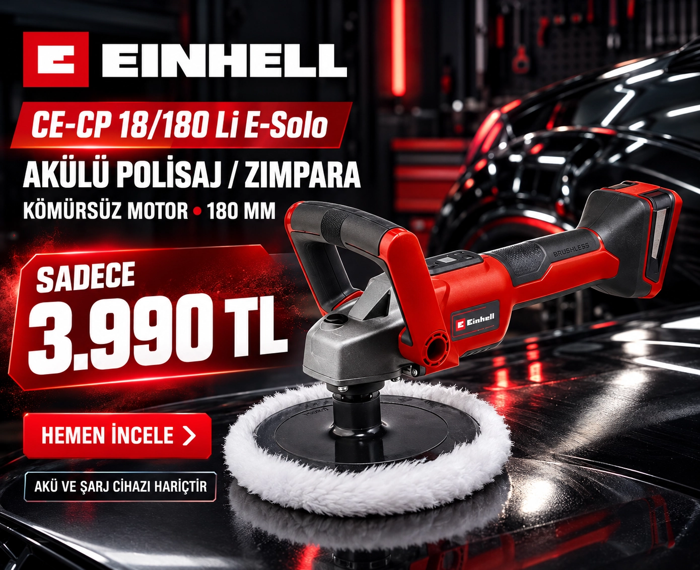 Einhell CE-CP 18/180 Li E-Solo akülü polisaj makinesi akülü zımpara makinesi pasta cila makinesi oto polisaj makinesi kömürsüz polisaj makinesi 180 mm polisaj makinesi Power X-Change 18V polisaj makinesi