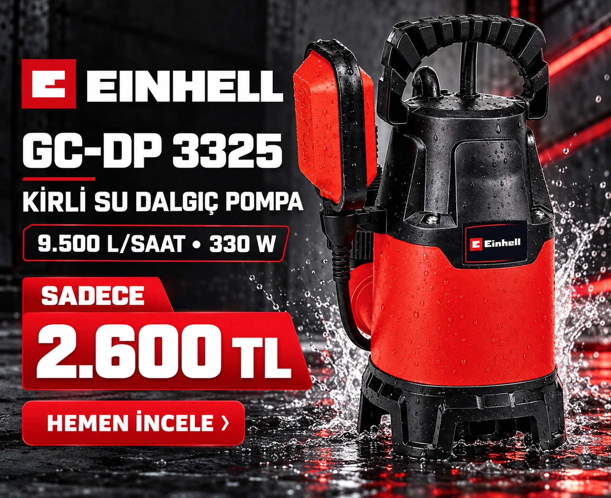 Einhell GC-DP 3325, kirli su pompası, dalgıç pompa, 330 W dalgıç pompa, su tahliye pompası, havuz pompası, kuyu pompası, şamandıralı dalgıç pompa, 9500 litre pompa