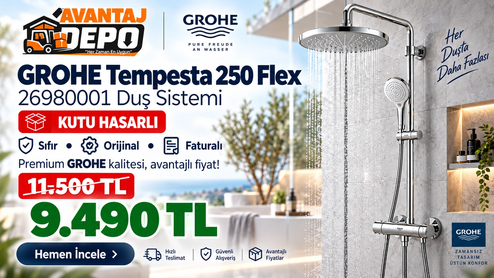 Grohe, Grohe Tempesta, Grohe 26980001, Grohe Tempesta 250 Flex, Grohe duş sistemi, Grohe duş seti, Grohe tepe duşu, Grohe el duşu, Grohe New Tempesta, Tempesta System 250, duş sistemi, duş seti, tepe duş sistemi, yağmur duş başlığı, 250 mm tepe duşu, 110 