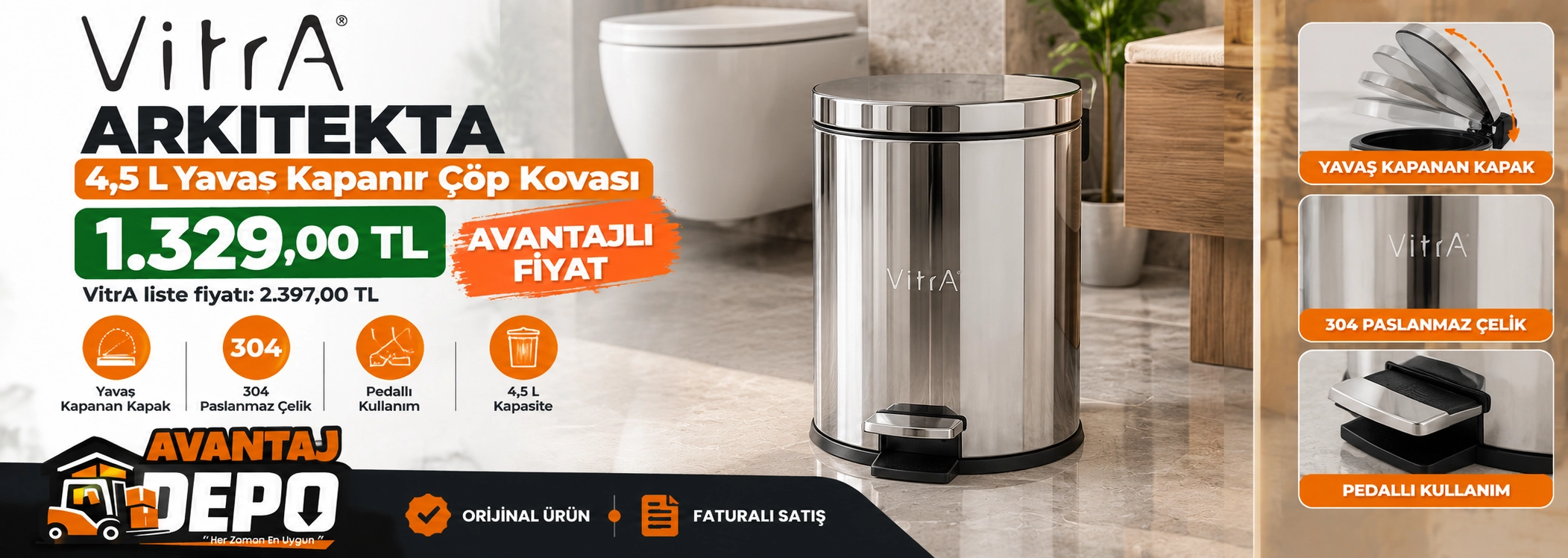VitrA, Vitra A44012, Vitra Arkitekta, Vitra çöp kovası, Vitra Arkitekta çöp kovası, 4.5 litre çöp kovası, 4,5 lt çöp kovası, yavaş kapanır çöp kovası, pedallı çöp kovası, paslanmaz çelik çöp kovası, metal çöp kovası, inox çöp kovası, banyo çöp kovası, küç