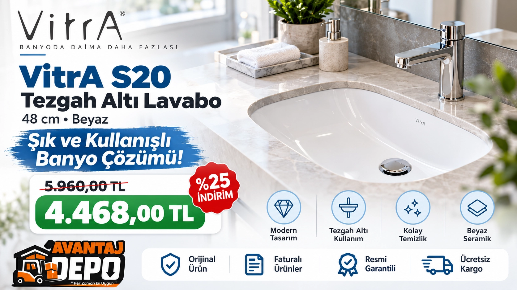 VitrA, Vitra S20, Vitra lavabo, Vitra 7475B003-0618, Vitra S20 lavabo, Vitra tezgah altı lavabo, tezgah altı lavabo, tezgahaltı lavabo, beyaz lavabo, beyaz seramik lavabo, dikdörtgen lavabo, 55x37 lavabo, 48 cm lavabo, gömme lavabo, banyo lavabosu, modern