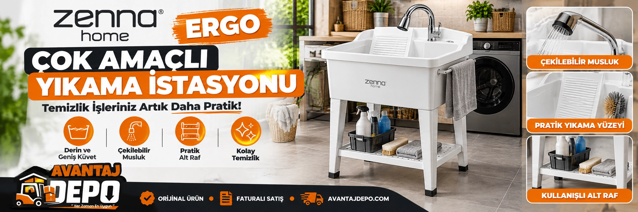 Zenna Home, Zenna Home Ergo, Zenna Ergo, Zenna Home küvet, sanitasyon istasyonu, yıkama istasyonu, çok amaçlı yıkama küveti, beyaz yıkama küveti, ayaklı yıkama küveti, çamaşır yıkama küveti, çamaşır odası lavabosu, temizlik küveti, temizlik lavabosu, yard